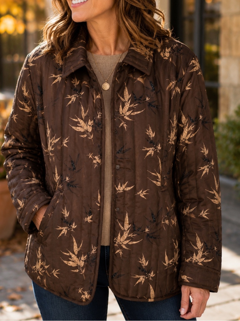 Anne Carson 100% Silk Quilted Botanical Jacket Brown XL